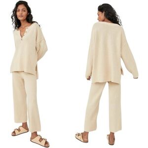 FREE PEOPLE Hailee Sweater Set | Waffle Knit Henley + Wide Leg Pants Au Lait XS
